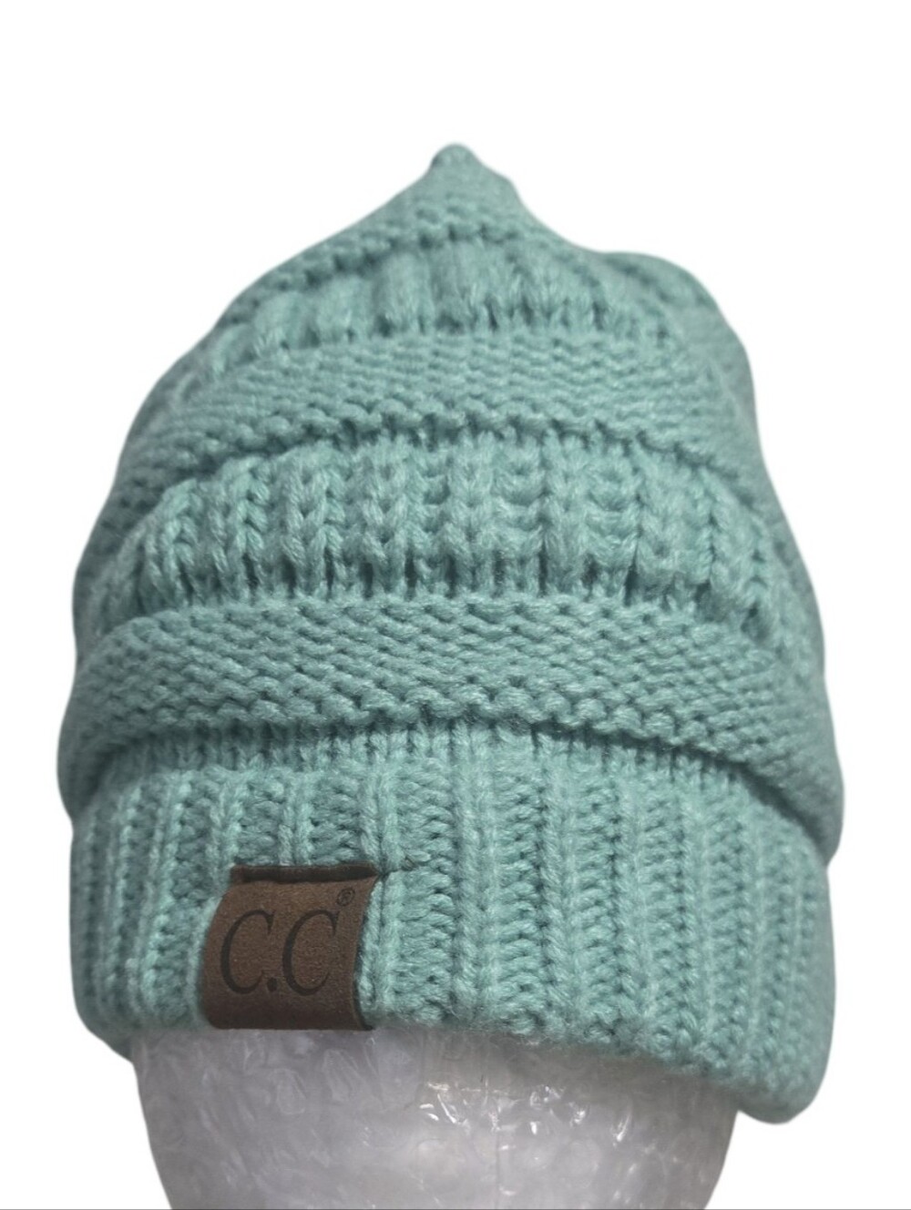C.C Women's Green Ribbed Knit Beanie Cable Knit Fitted Winter Outdoors